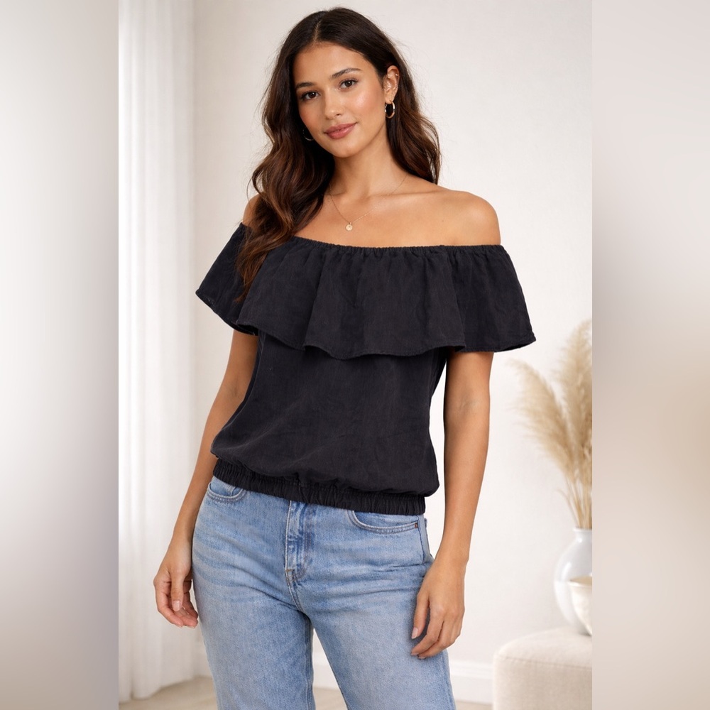 Unsubscribed Off-Shoulder Ruffle Blouse – Soft Black Size Small New With Tags